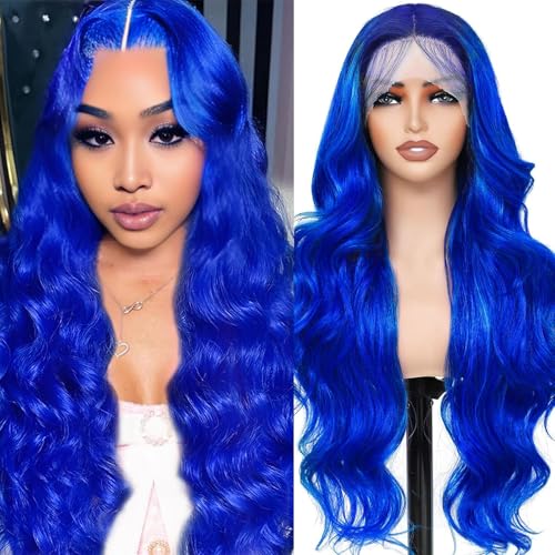 AAY Blue Wig Human Hair 200 Density 13x4 Lace Front Wig Human Hair 13x4 Lace Front Wig Color Body Wave Blue Lace Front Wigs Pre Plucked HD Lace Frontal Wig 24 Inch