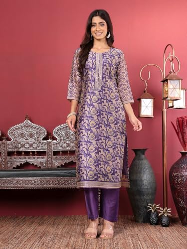 Image of Varanga Women Floral Printed Kurta Pant Set with Dupatta | Silk Blend Fabric | Summer Wear | 3 /4 Sleeve Round Neck | Lightweight & Comfortable Daily Wear