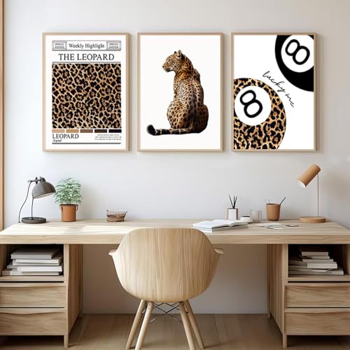 BeiYiHo 3 Tableau Decoration Murale Léopard Boule de Billard 8 Affiche Poster Mural Leopard Art Moderne Impression sur Toile Deco Chambre Ado Fille Garcon Cadeau...