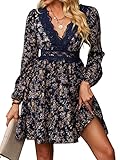 ÜBER MICH: Romantisches Wickelkleid, V Ausschnitt, Zarter Spitzenbesatz mit Blumenmuster, Lange Ärmel, Elastische Bündchen, Rüschensaum, Elastische Taillenpartie, Blümchenmuster, Reguläre Passform