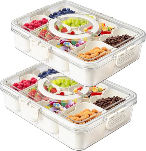 Eanpet 2Pack Divided Veggie Tray with Lid and Handle 8 Compartment Serving Tray with Dividers Portable Travel Snack Containers Stackable Snackle Box Charcuterie Container for Fruit,Vegetable,Salad