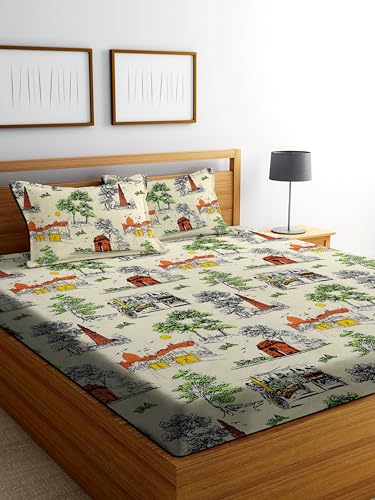 Image of DECORUM Glace Cotton Fitted 1 Bedsheet King Size (72 inchx78 inch) | All Around Elastic | Cotton Feel | 2 Pillow Covers (17 inchx27 inch) | Fits Up to 8 inch Mattress | 200-220 TC | Printed Double Bed Sheet Set