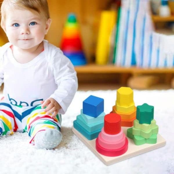Image of SHINETOY ENTERTAIN KIDS Montessori Geometric Stacker Column Building Blocks for Preschool Toddlers 1-3 Children 4 Post Square|Baby | Toys for Baby | Developmental Toys, 16 Pcs