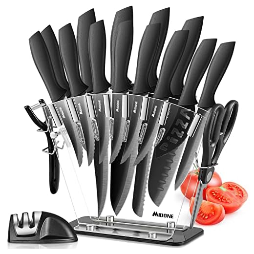 MIDONE Knife Set, 17 Pieces German Stainless Steel Kitchen Knife Set, Include Kitchen Accessories, Black