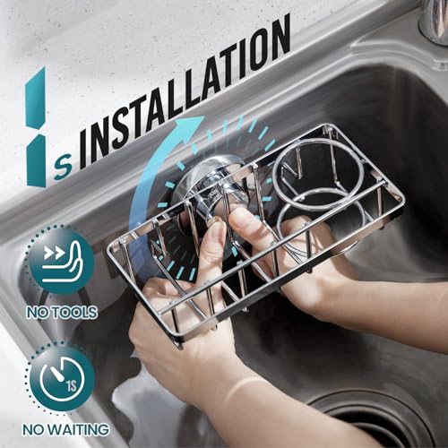 Image of TAILI 4-in-1 Sponge Holder for Kitchen Sink with Strong Suction Cup Removable, Rustproof Aluminum Sink Caddy for Sponge, Brush, Scrubber, Scraper -Silver