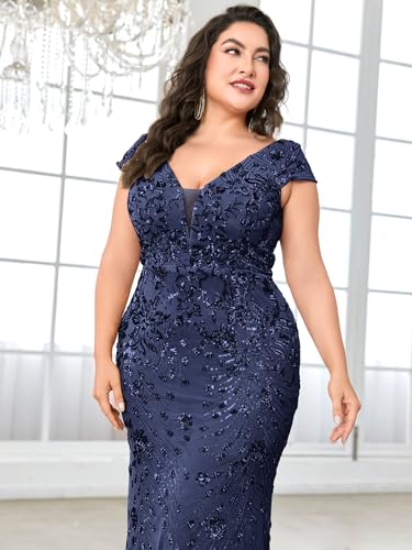Image of Plus Size Womens Sequined Long Evening Gown Glamous Sleeveless V-Neck Mermaid Prom Dress for Wedding Party
