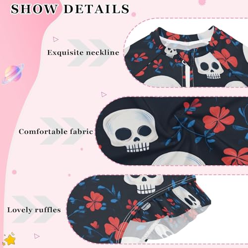 ALAZA Sugar Skull Red Flower Girls One Piece Swimsuit Long Sleeve Rash Guard Swimsuits UV 50+ Swimwear Zipper4