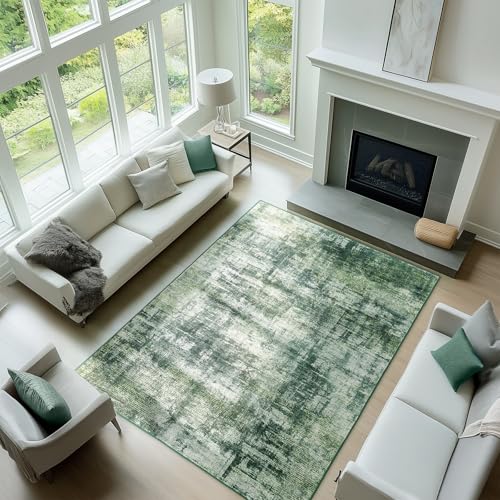 Green Rug 5x7 for Living Room Washable Abstract Area Rugs Bedroom Non-Slip Soft Carpet Indoor Floor Non-Shedding Rugs for Dining Room, Kids Playroom, Farmhouse, Nursery Home Decor