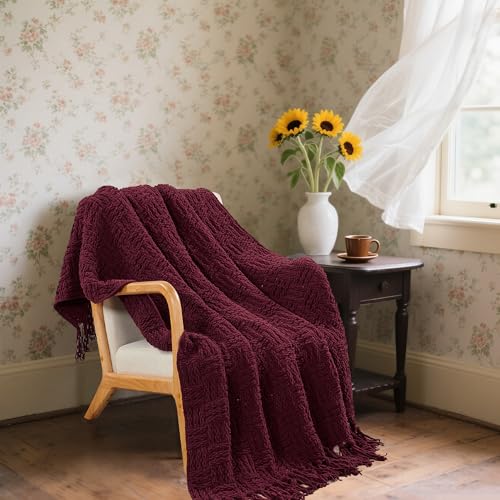 HESTIN Woven Chenille Throw Blanket Cable Knitted...
