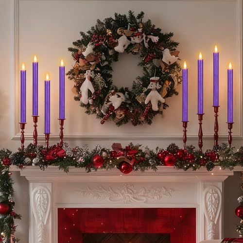 Image of Purple LED Flameless Taper Candles, 6 Pack Real Wax Flickering Candlesticks with 10-Key Remote, Battery Operated Tall Taper Candles for Home, Wedding, and Party Decor