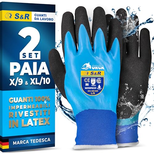 S&R 2 PAIA Guanti da Lavoro e Giardinaggio IMPERMEABILI Uomo Donna Taglie 9 e 10. Guanti Protettivi, Tessuto in Poliestere Leggero. Rivestimento Completo in Lattice.