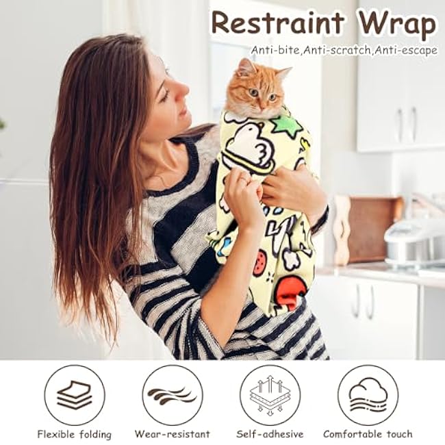 Uranshin Cat Grooming Wrap, Cat Wrap for Cutting Nails, Cat Restraint Wrap, Self-Adhesive Cat Swaddle Burrito Wrap for Nails Trimming, Medicine Feeding, Teeth Brushing, Ear Cleaning (13.8¡Á13.8in)-eCeYUd9Q
