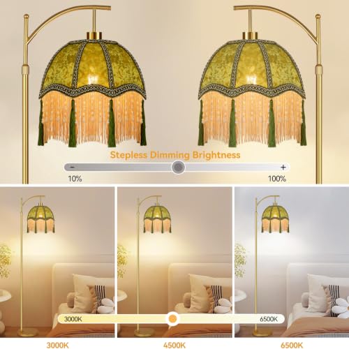 Image of Vintage Floor Lamps for Living Room Boho Rustic Floor Lamp with Remote Control & 3 Color Temperature,Dimmable Gold Floor Lamp Mid Century Modern Standing Lamp Fringe Green Tall Floor Lamp For Bedroom
