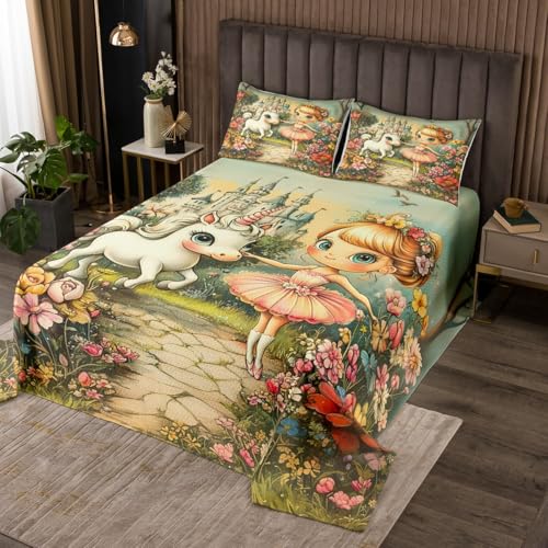 jejeloiu Unicorn Coverlet Set Twin Size Girl Dreamy Horse Bedspread for Kids Boys Girls Decor Castle Flowers Coverlet Floral Printed