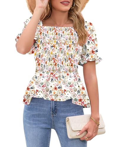Womens Puff Short Sleeve Babydoll Tops Floral Summer Peplum Blouse Smocked Square Neck Loose Fit Ruffle Dressy Tee Shirts3