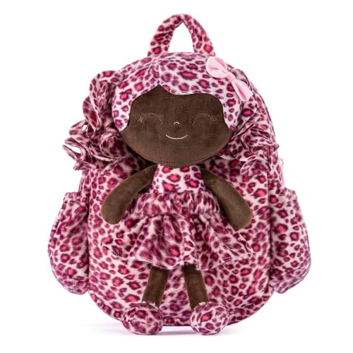 Image of Gloveleya Toddler Backpack Baby Girl Gifts Curly Hair Plush Doll Dress Backpack Kids Backpack Curly Hair Animal Edition - Pink Leopard 11''