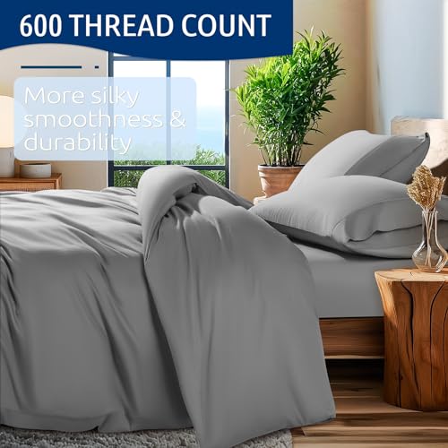 Shilucheng 100% Cotton Queen Size Duvet Covers - 600 Thread Count, Luxury Sateen Weave Egyptian Cotton Comforter Cover with Zipper Closure & Corner Ties,Hotel Bedding Duvet Covers 3 Piece (Grey)
