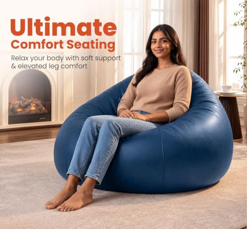 Image of Sattva Classic 2XL Bean Bag Chair with Beans Filled | Sofa Style Faux Leather Beanbags with Beans | Pre-Filled Bin Bags Sofa & Beam Bag for Adults | Home & Office, Navy Blue