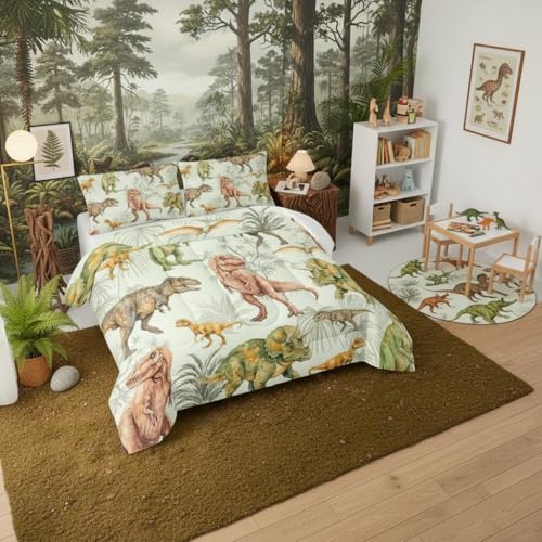 Image of QOOMO 3D Dinosaurs Kids Bedding Set, Black Jurassic Animals Comforter Full Size, Suitability Girs and Boys Black Decorate a Room 1 Comforter Set 2 Pillowcases
