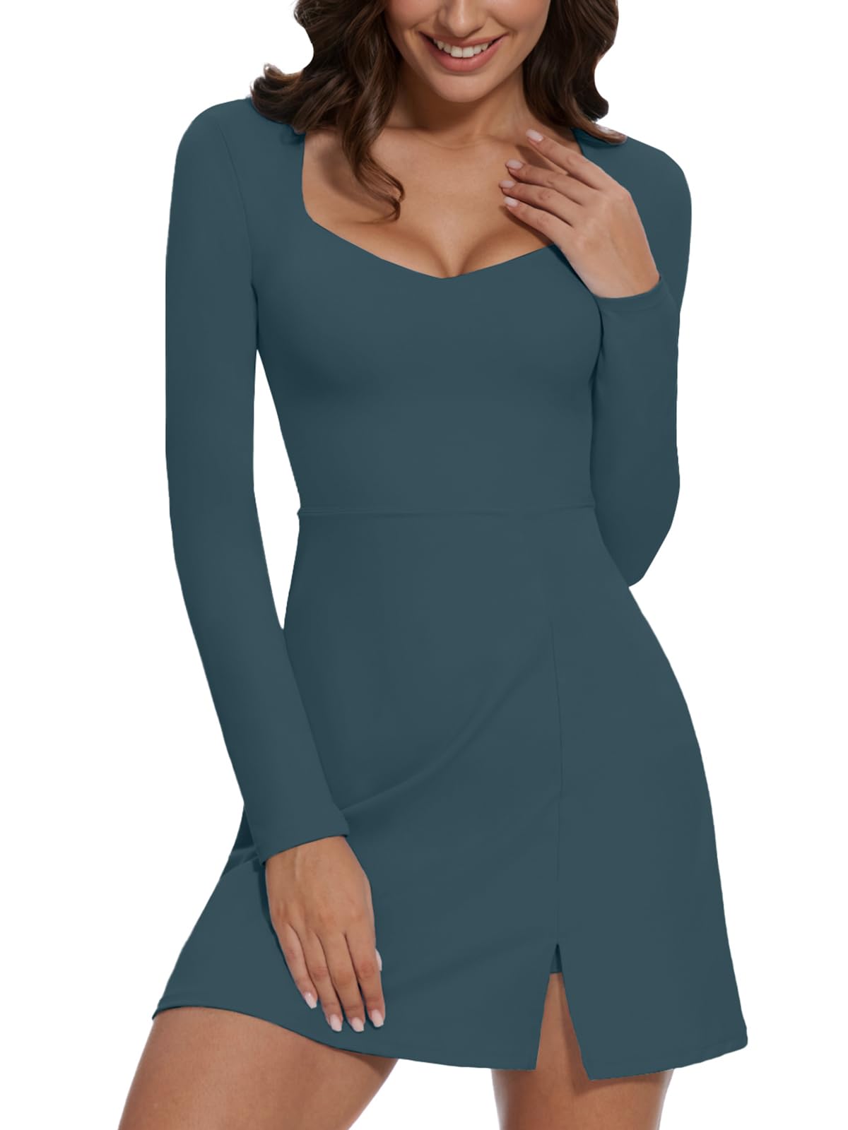 Wenlia Long Sleeve Dresses for Women 2024 Fall Women's Mini Bodycon Sweetheart Neckline Dress with Slit Built in Shorts