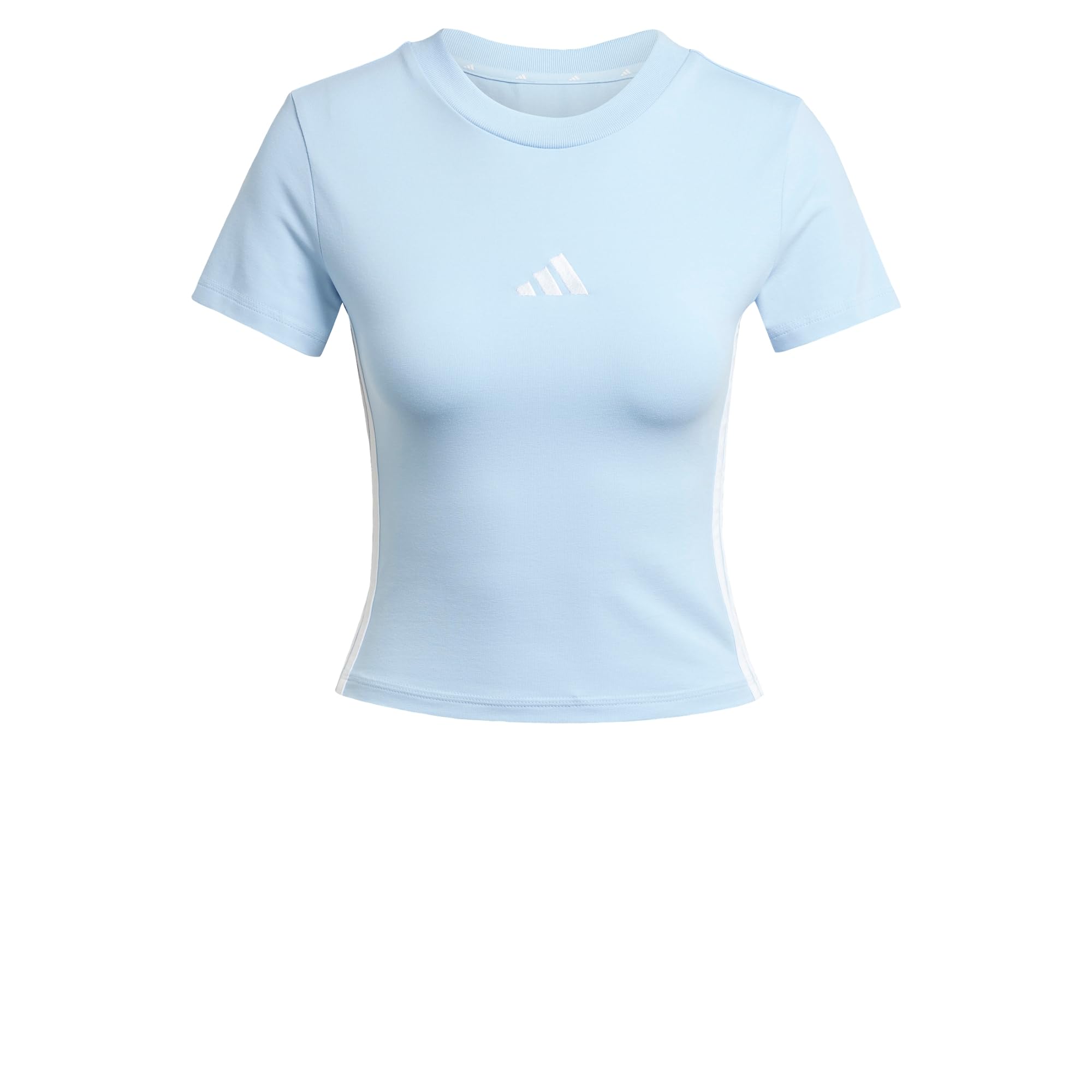 adidas Women's Essentials 3 Stripes Slim Baby T-Shirt, Glow Blue/White, M