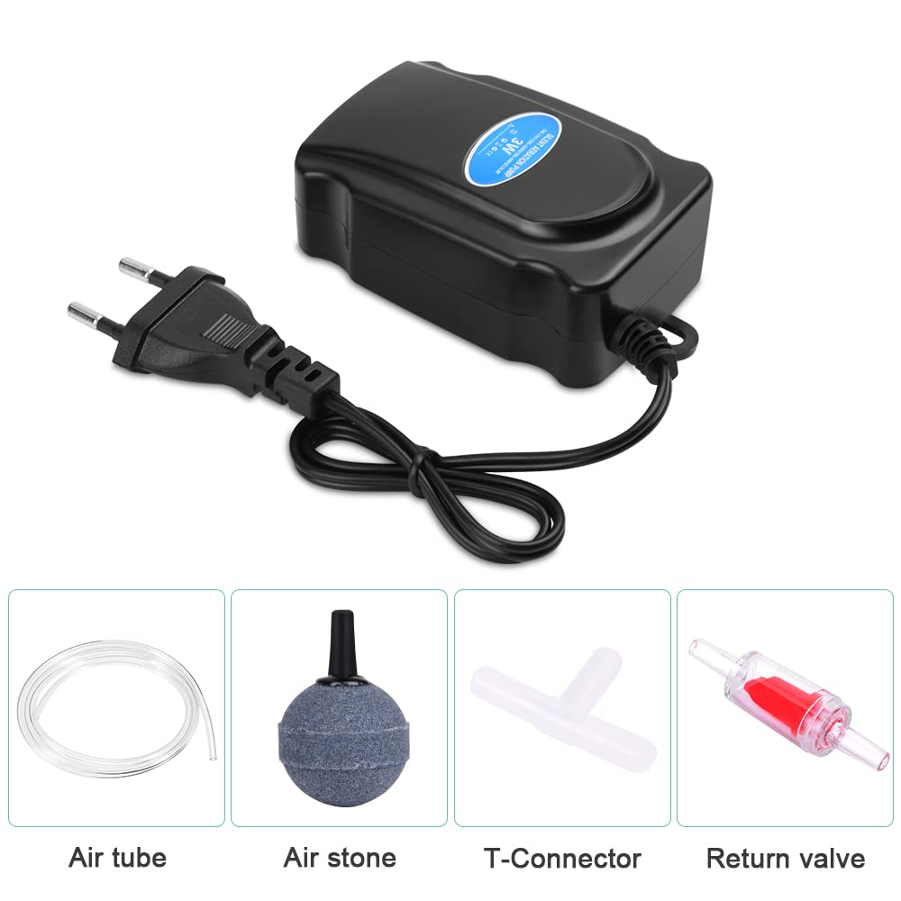Flintronic Ossigenatore per Acquario, 3W Pompa Ad Aria per Acquario Regolabile Ultra-silenziosa, con 1.5M Tubo in Silicone, Air Stone, Valvola Di Ritegno e Raccordo a T, per Ac-quario da 5-300L
