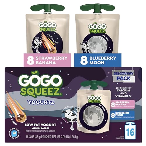 Image of GoGo SqueeZ Low Fat YogurtZ Space Discovery Variety Pack, Strawberry Banana and Blueberry Moon 3 oz Pouches (Pack of 16), Kids Snacks Made from Real Yogurt and Fruit, Gluten Free, Nut Free, Recloseable Cap, BPA Free