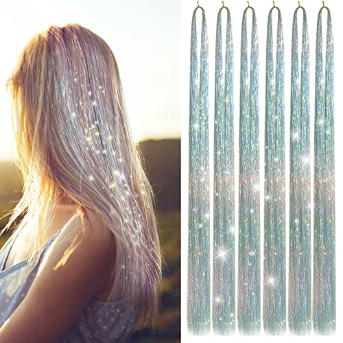 Hair Tinsel Kit with 47INCH 1200 Strands Heat Resistant Glitter Tinsel Hair Extension Sparkling Shinny Fairy Hair Accessories for Women Girls Kids Festival Party Dazzle (Silver)