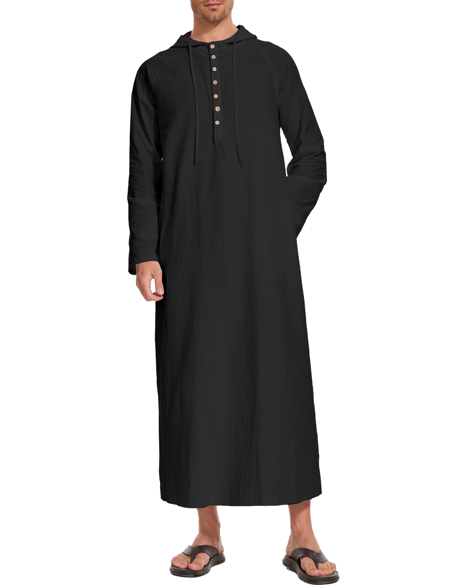 NANAMEEIKaftan Thobe for Men Long Sleeve Muslim Robes Button Down Long Gown with Hood