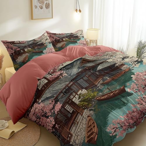 Housses de Couette 260 x 240 cm Architecture Orientale Jardin Japonais Imprimer Doux Housses de Couette avec Fermeture Éclair, Respirant Microfibre Parure de...