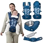 BabbleRoo 6-in-1 Baby Carrier with Hip Seat, Ergonomic, Cozy & Adjustable Toddler Carrier 7-50 lbs with Hip & Lumbar Support, Hood for Sun Protection, Baby Carrier Newborn to Toddler, Denim Leaves