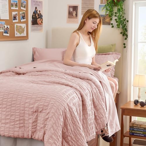 Image of HYMOKEGE Rose Gold Twin Comforter Set Seersucker 5 Pieces, All Season Luxury Bed in a Bag Queen for Bedroom, Bedding Set with Comforter, Sheets, Pillowcase & Sham