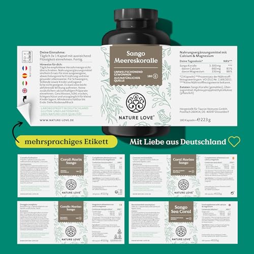 NATURE LOVE® Sango Meereskoralle - 180 Kapseln - Natürliche Quelle für Calcium (20%) und Magnesium (10%) im körpereigenen Verhältnis von 2:1 - laborgeprüft und in Deutschland produziert.