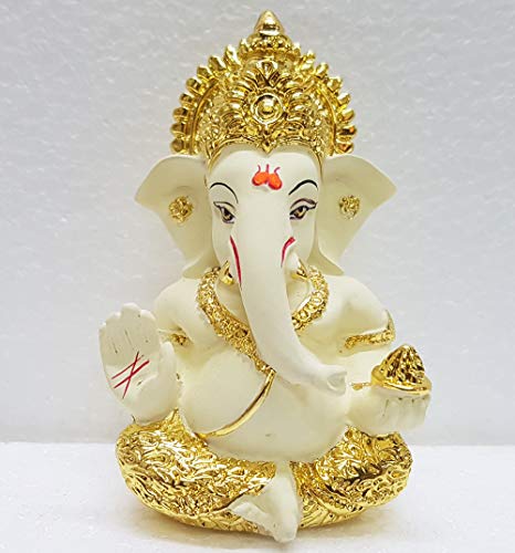 Gold Art India Gold plated ganesha with cream color terracotta work for Home decor Mandir Temple Car Dashboard and gifting Hindu god ganesha