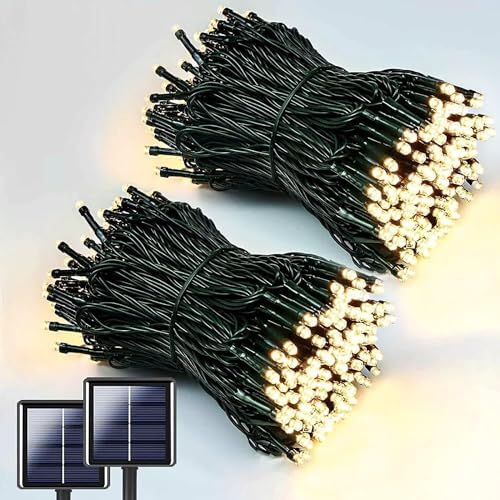 NEXVIN 2 Luci Natale Esterno Solare 20M 200 LED, Catena Luminosa Esterno Solare Impermeabile 8 Modi, Luci Natalizie da Esterno Energia Solare Decorative per Albero Giardino Natale Patio Bianco Caldo