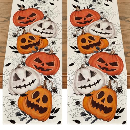 Artoid-Mode-Pumpkins-Spider-Web-Leaves-2PCS-Halloween-Table-Runner-Seasonal-Fall-Kitchen-Dining-Table-Decoration-Home-Party-Decor-13x72-Inch Artoid Mode Pumpkins Spider Web Leaves 2PCS Halloween Table Runner Seasonal Fall Kitchen Dining Table Decoration Home Party Decor 13×72 Inch