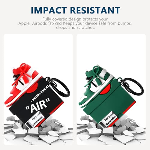 Image of [2Pack] Gedicht for Apple Airpods 2nd Generation Case Cover, Cute Cartoon Shoe Box Soft Silicone Protective Cases for AirPods 1&2 Case with Keychain for Women Men, Red+Green