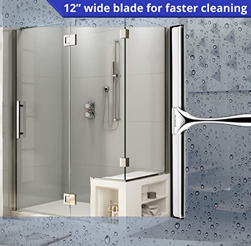 Image of HOME SO Shower Squeegee for Glass Doors - Stainless Steel Squeegee with Adhesive Hooks - Window, Floor & Car Squeegee, Multi-Purpose Bathroom, Mirror & Tile Cleaner - Bathroom Essentials - Chrome 12 inch