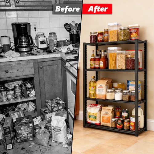 Image of 4 Tier Kitchen Storage Shelf, Kitchen Organizers Space Saving All Steel Freestanding Rack, Heavy Duty Metal Shelving Unit, Adjustable Open Shelf for Pantry Organizers and Storage. 54 inchHx23.6 inchWx13.8 inchD