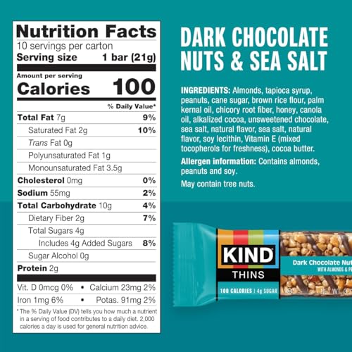 KIND Thins Snack Bars Variety Pack, Gluten Free, Low Calorie, Healthy Snacks, Dark Chocolate Nuts & Sea Salt, Caramel Almond & Sea Salt, Peanut Butter Dark Chocolate, 4g Sugar, 30 Count - image 2