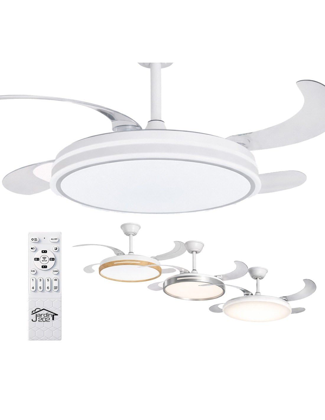 Jardin202 - Ventilador de Techo LED con 4 Aspas 3500-4000-6500K Temporizador, 6 Velocidades, Aspas retráctiles | Tarifa (Blanco)
