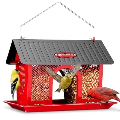 Kingsyard Bird Feeder for Outdoors Hanging, Dual-Use Metal Mesh Wild Bird Feeders with Seed Tray & Weatherproof Roof, 3 lbs Large Capacity, Red