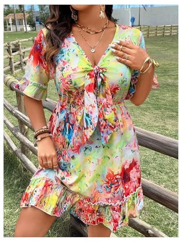 Image of SOLY HUX Women's Plus Size Boho Floral Print Short Sleeve Dress Ruffle Hem V Neck Short Dresses