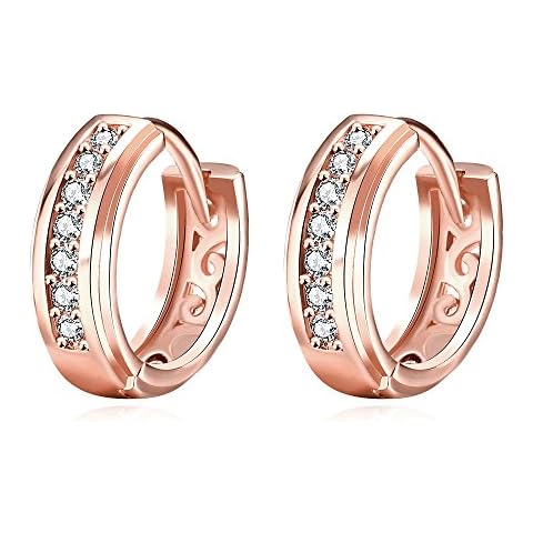 Zolkamery Rose Gold Hoop Earrings for Women Rosegold Circle Endless Round Hinged Huggie Hoops Earrings Diameter 15mm with White Cubic Zirconia Hypoallergenic Christmas Jewellery Gift for Ladies Girls Cover