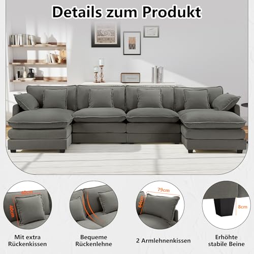 Urhanherry Sofa U Form, Bequeme Cloud Couch 6 Sitzer mit 2 Ottomane Sektionssofa, Atmungsaktivem Chenille-Stoff, Couch für Wohnzimmer Schlafzimmer, Dunkelgrau – Bild 8
