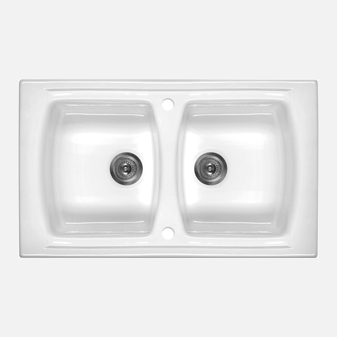 Lavello cucina da incasso in ceramica con 2 vasche 86x50 cm colore bianco - Libby