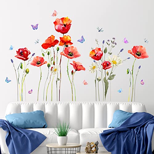 Calcomanías decorativas de flores rojas para pared, 2 hojas miniatura 3
