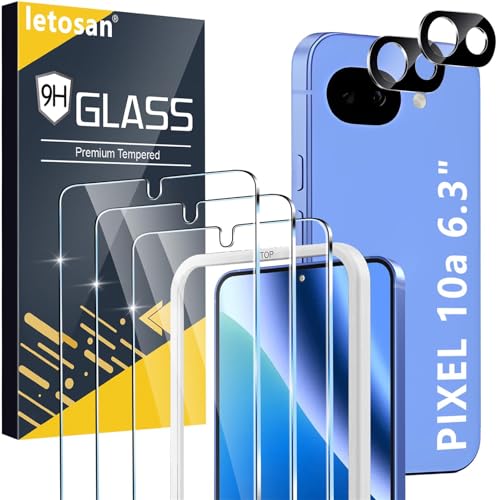 3 Pack for Google Pixel 10a Screen Protector Tempered Glass + 2 Pack Camera Lens Protector Military Grade Shatterproof 9H Hardness Fingerprint Unlock Case Friendly 6.3 Inch