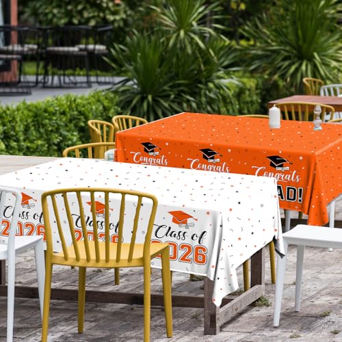 Image of 2026 Graduation Decorations,Congrats Grad Tablecloth 2pcs White Orange Class of 2026 Table Covers Rectangle for Graduation Party Supplies,108x54inch (Orange)