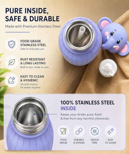 Image of 480ml Stainless Steel Sipper Water Bottle with Straw | Leakproof Animal Sipper Bottle | Reusable Drinking Bottle for School, Travel & Daily Use (Elephant)
